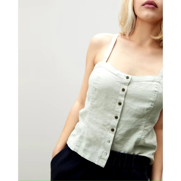 Everlane Tank Top 10 M Women Linen Green Laurel Crop Blouse Picnic Button Shirt
